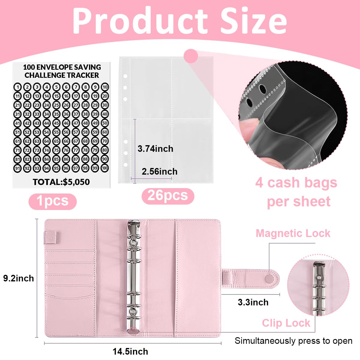 HASTHIP Money Saving Planner A5 Budget Binder 100 Days Money Saving Plan Binder with 100 Cash Envelopes Money Saving Budget Binder for Planning and Saving, Pink HASTHIP Money Saving Planner A5 Budget Binder 100 Days Money Saving Plan Binder with 100 Cash Envelopes Money Saving Budget Binder for Planning and Saving, Pink